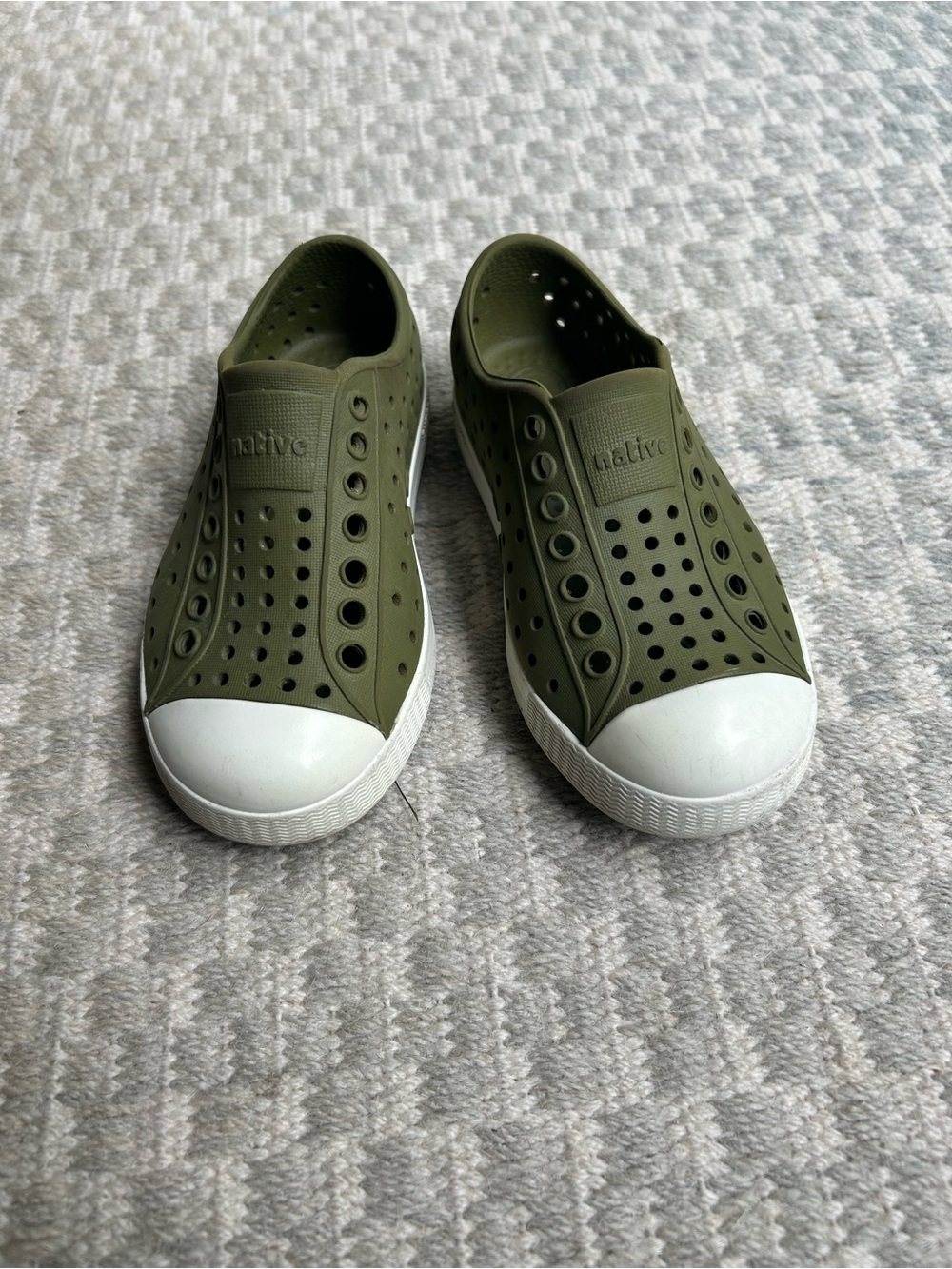 Native Kids Slip-On Water Shoes in Olive Green with White Toe Caps
